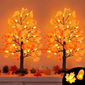 2 Pack 24 Inch Artificial Lighted Maple Tree with 48 LEDs Timer Fall Thanksgiving Decorations Battery Operated