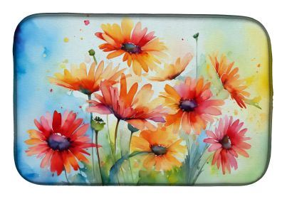 Gerbera Daisies in Watercolor Dish Drying Mat Absorbent Dish Drying Mat Pad for Kitchen Counter Dish Drainer Mat for Countertop, 14 x 21", Multicolor