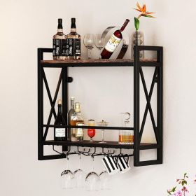 Wall Mounted Wine Rack with 2-Tier Shelves and 3 Glass Holders