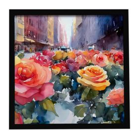 New York Roses in Watercolor Framed Metal Print Bathroom, Kitchen, Office, Home Decor Wall Art Ready to Hang, Square, 8X8