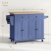 Kitchen Island on Wheels, Rolling Cart with Rubberwood Top, Spice Rack, Towel Rack and Drawers, Navy Blue