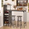 3PCS Bar Table & Stools Set, Wine Storage (6 Bottles + Wine Glass Holder), Oak