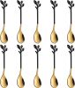 Small Coffee Spoon Holder Set,Black Swan Base With 10 Pcs Black & Gold Demitasse Espresso Spoons Set,4.7" Mini Leaf Dessert Spoon