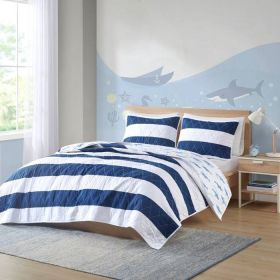 Coastal Reversible Navy Blue White Sharks Cotton Quilt Set (size: Full/Queen (3 Piece))