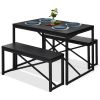 Modern 3-Piece Dining Set - Metal Frame  Wood Top Table and 2 Bench Chairs