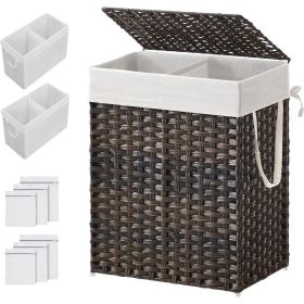 PP Rattan Laundry Hamper Basket w/ 2-Compartment Washable Liner Bag (Color: Brown (24-Gal))