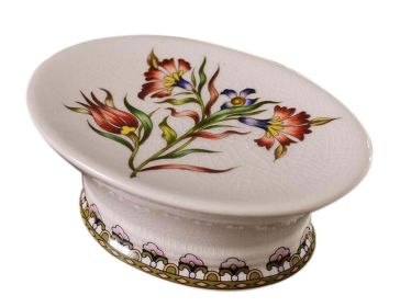 Painted Pteris Flower Ceramic Soap Dish Oval Jewelry Plate (Color: Color)