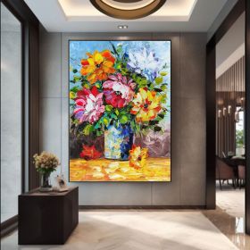 Vase of Colorful Flowers - Hand Painted Palette Knife Flower Oil Painting On Canvas Thick Paints Heavy Texture (Style: 01, size: 90x130cm)