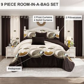 9 Piece Soft All-Season Washed Microfiber Cover Set , Queen/King/Calking Bedding Set With Pillowcases,Bedspread Print Curtains & Solid Curtains,Print (Color: Brown leaves, size: KING)