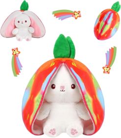 Cuddly Bunny Stuffed Animal, Kawaii Squishy Cute Easter Bunny Plush Turn Into Rabbit Fruit Doll Carrot Strawberry Pillow (Color: Rainbow Bunny  10inch)