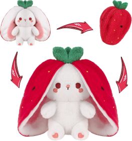 Cuddly Bunny Stuffed Animal, Kawaii Squishy Cute Easter Bunny Plush Turn Into Rabbit Fruit Doll Carrot Strawberry Pillow (Color: Red Strawberry Bunny  10inch)