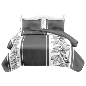 3-Piece Charcoal Grey & White Botanical Quilt Set, Modern Leaf Vine Striped Bedspread with 2 Shams, Lightweight Reversible Coverlet (Color: Charcoal Grey & White Botanical, size: CAL KING)
