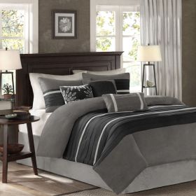 7 PC Pieced Faux Suede Comforter Set Queen (Color: Black)