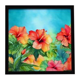 Hawaii Hawaiian Hibiscus in Watercolor Framed Metal Print Bathroom, Kitchen, Office, Home Decor Wall Art Ready to Hang, Square, 8X8 (Default: Default)