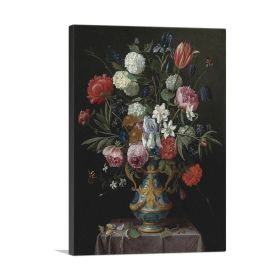 Still Life Irises Peonies Narcissi Tulip Flowers Blue White Porcelain Vase (type: Standard Framed Canvas Print, size: 40" x 26" / 100cm x 65cm (approx))