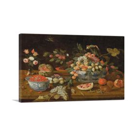 Still Life With Fruits Porcelain Bowls Vase Of Flowers Two Squirrels Eating Nuts (type: Standard Framed Canvas Print, size: 28" x 20" / 70cm x 50cm (approx))