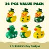 24 Pcs St.Patrick's Day Rubber Ducks, Green Rubber Lucky Ducks with Hats & Shamrock Patterns, Small Kid Bath Toys, St Patrick Gifts for Kids